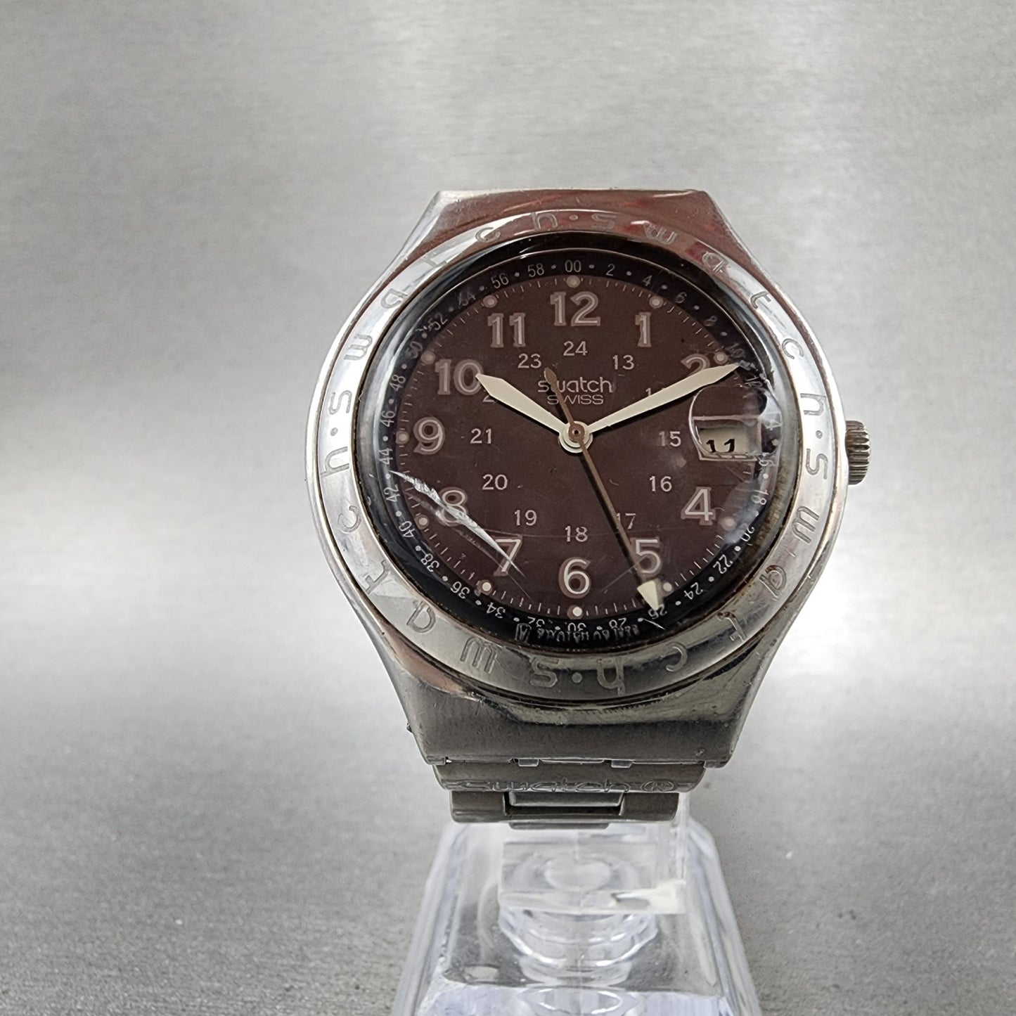 Swatch Irony Happy Joe Watch Men 37mm Gray Dial Steel Date Round New Battery NG15