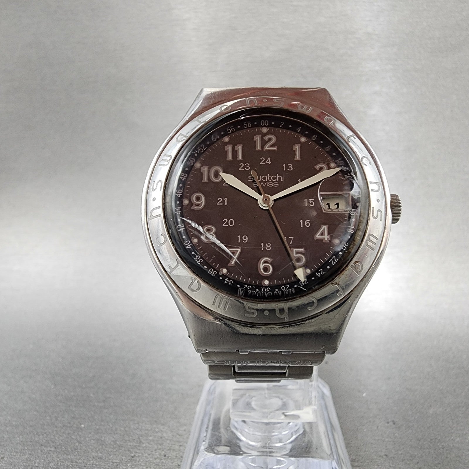 Swatch Irony Happy Joe Watch Men 37mm Gray Dial Steel Date Round New Battery NG15