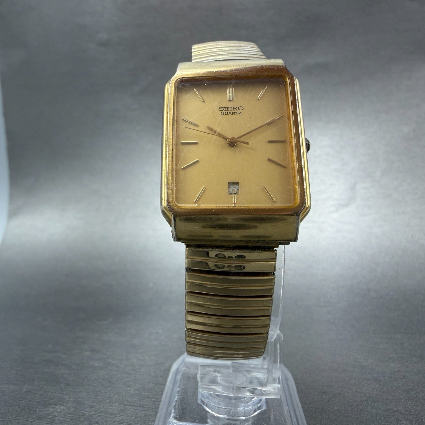 Seiko Tank Watch Men 26mm Champagne Dial Gold Tone Date Rectangle 5Y32-5129 PART6