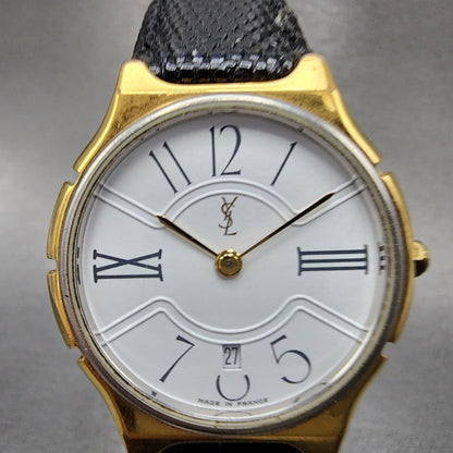 Yves Saint Laurent Watch Women 30mm White Dial Gold Tone Round New Battery0