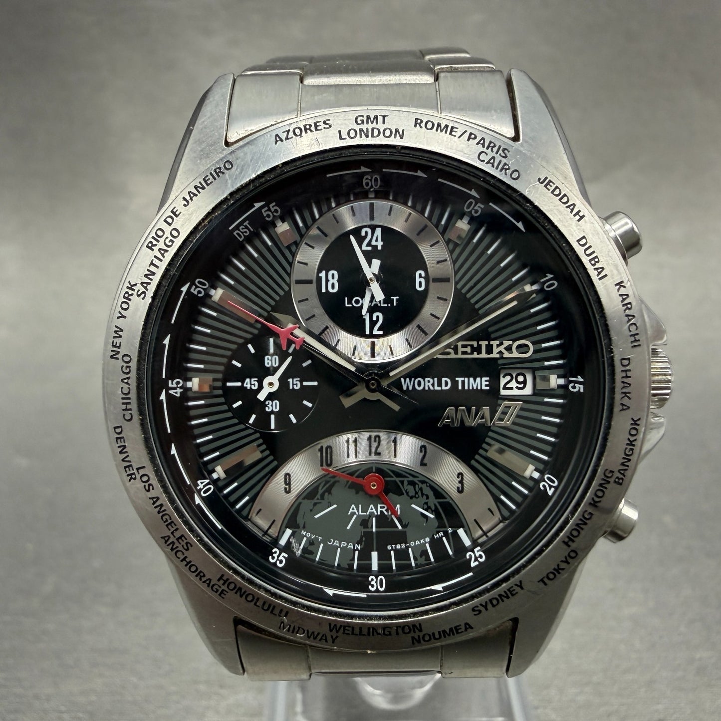Seiko World Time ANA Watch Men 38mm Black Dial Silver Tone Date Alarm NewBattery0