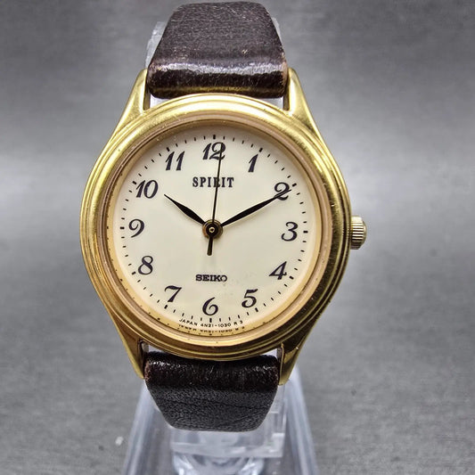 Seiko Spirit Watch Women 24mm Cream Dial Gold Tone Round 4N21-0540 New BattD0