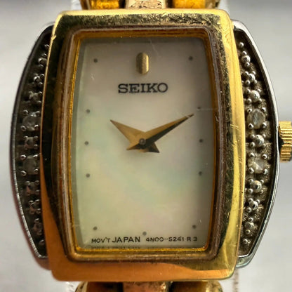 Seiko Watch Women 19mm MOP Dial Gold Tone Diamonds Oval 4N00-6809 New Battery1