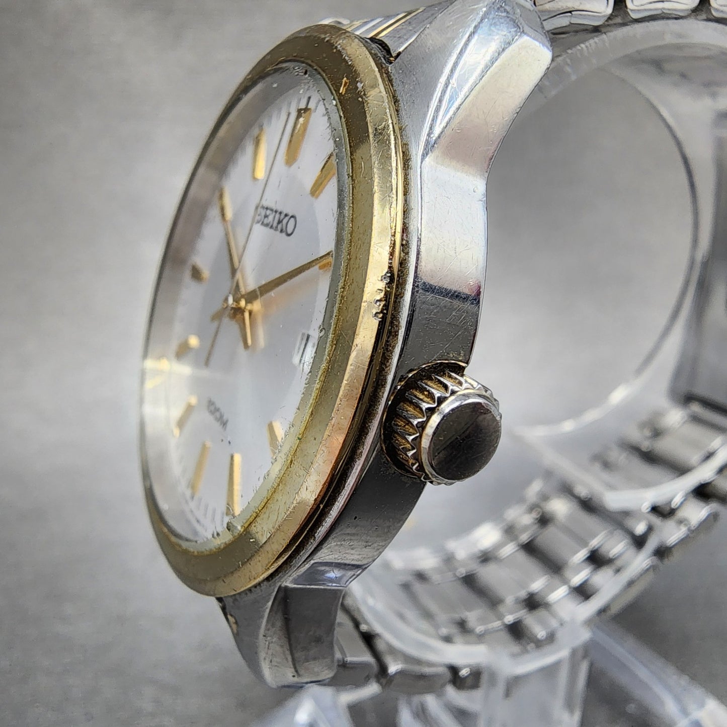 Seiko 100m Watch Men 39mm Silver Dial Two Tone Date Round 7n420fl0 PARTS3