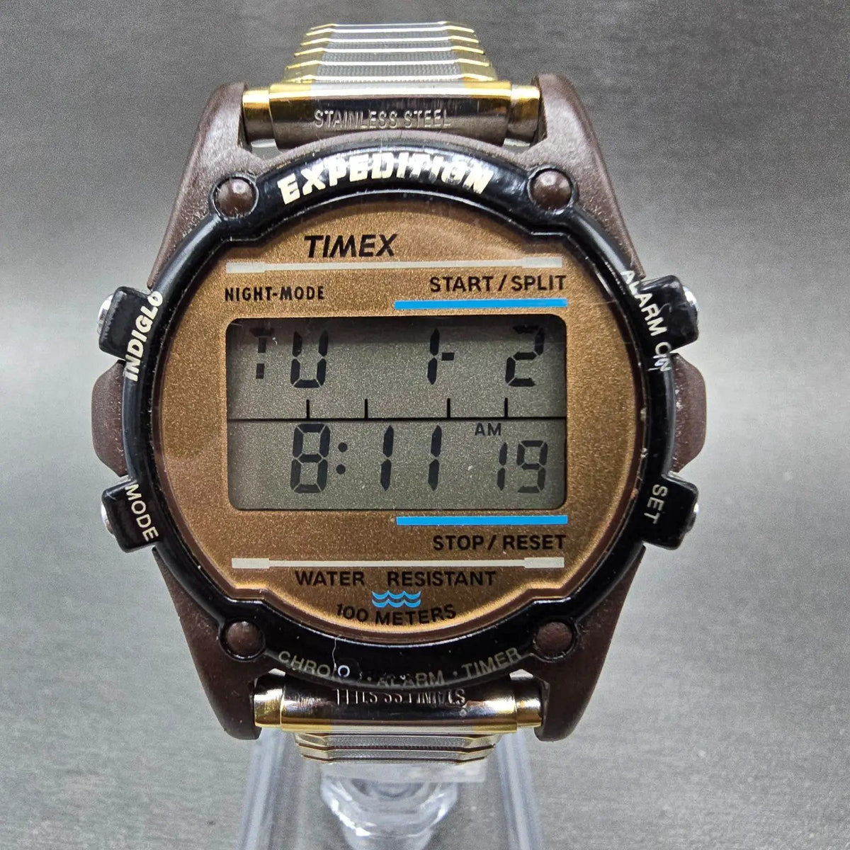 Timex Expedition Watch Men 39mm Digital Brown Black Round Alarm Chrono New Batt0