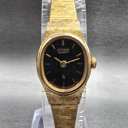 Citizen CQ Watch Women 16mm Black Dial Gold Tone Oval 5920-S49615 New Battery 840