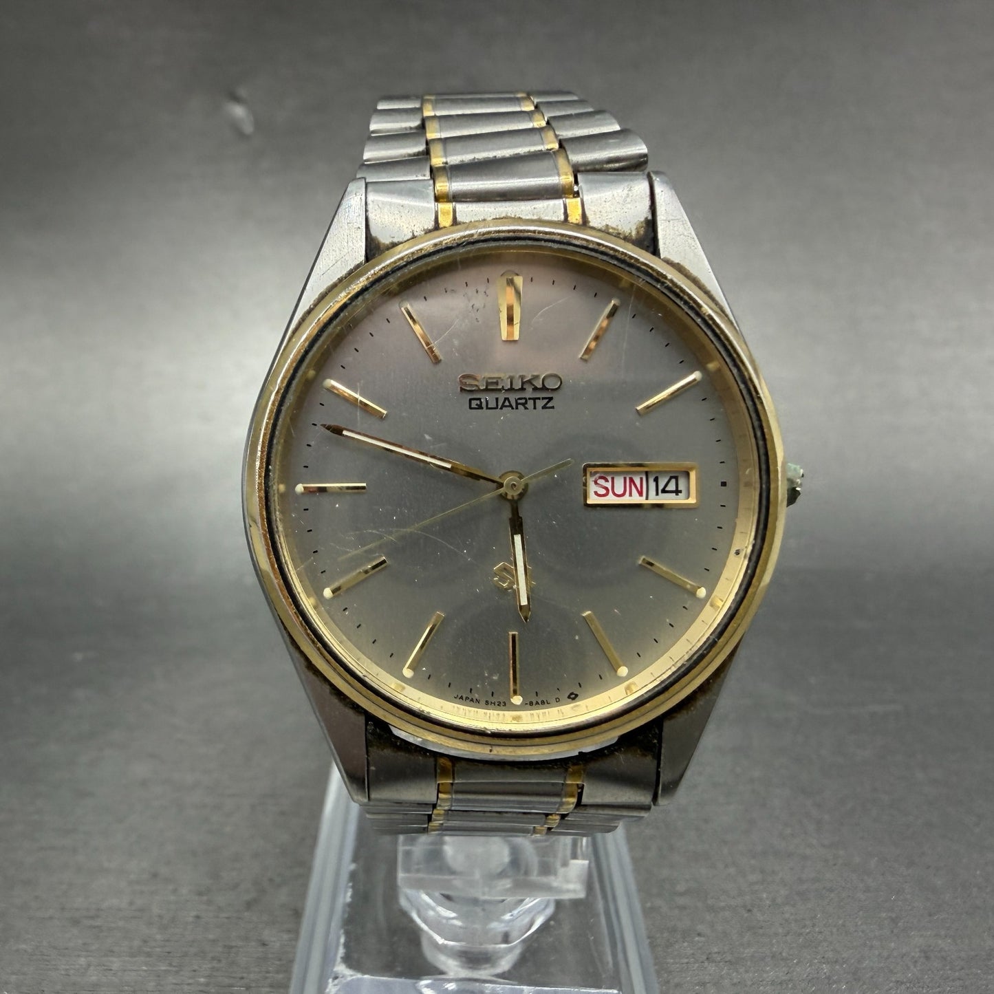 Seiko SQ Watch Men 34mm Silver Dial Two Tone Daydate 5H23-8a09 PARTS Vintage0