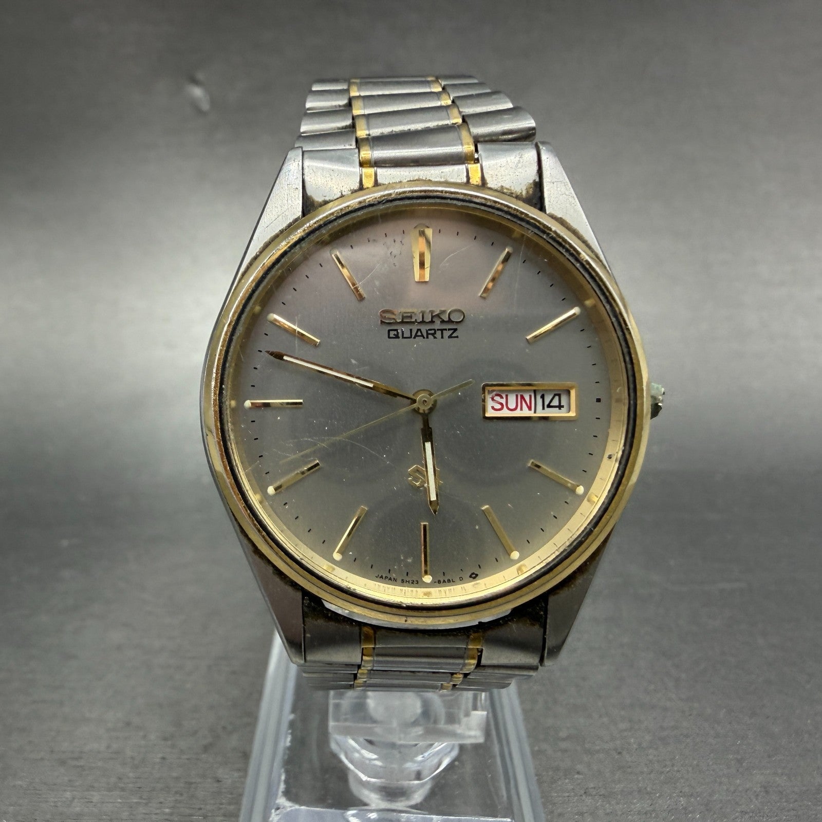 Seiko SQ Watch Men 34mm Silver Dial Two Tone Daydate 5H23-8a09 PARTS Vintage0