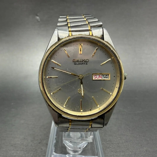 Seiko SQ Watch Men 34mm Silver Dial Two Tone Daydate 5H23-8a09 PARTS Vintage0