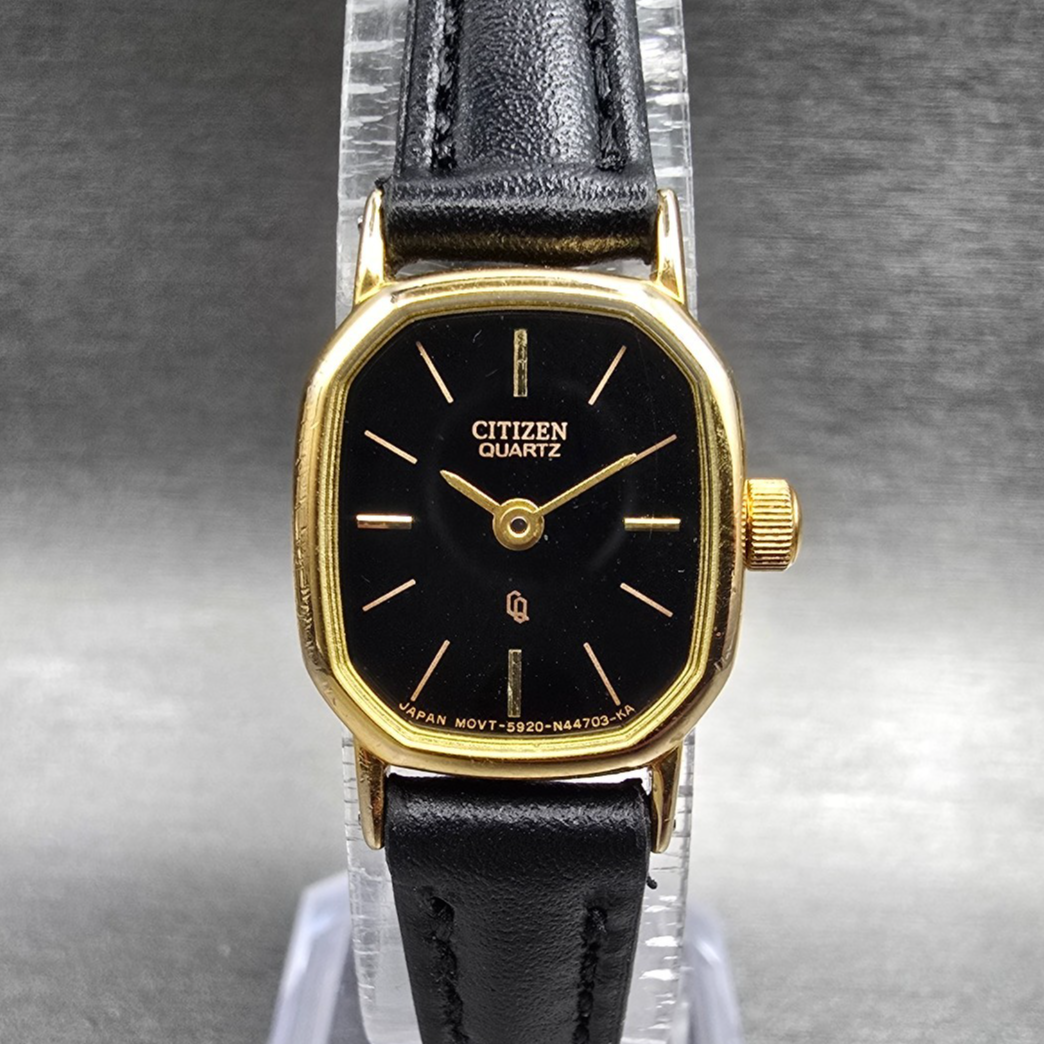 Citizen CQ Watch Women 17mm Black Dial Gold Tone Rectangle 5920-S49810 New Batt90