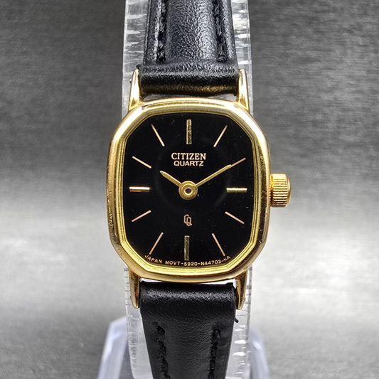 Citizen CQ Watch Women 17mm Black Dial Gold Tone Rectangle 5920-S49810 New Batt90