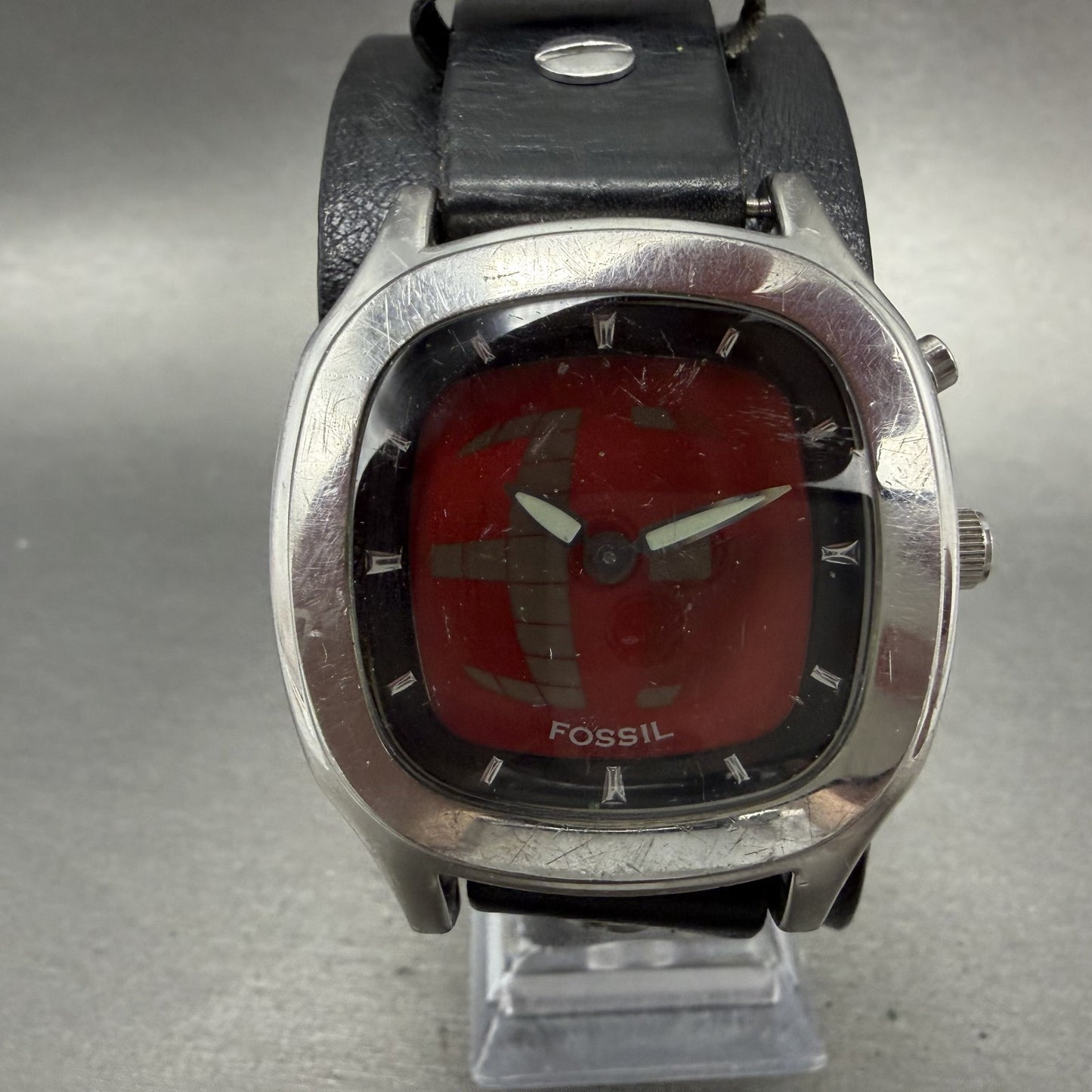Fossil BigTic Watch Men 39mm Red Dial Silver Tone Square JR8292 New Battery ABC0