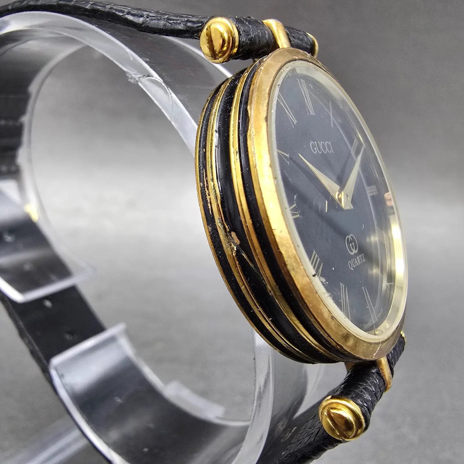 Gucci 2000M Watch Men 30mm Black Dial Gold Plated Leather Round New Battery VTGA3
