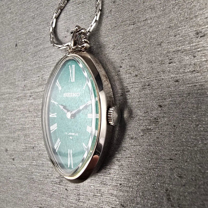 Seiko Necklace Watch Women 19mm Green Dial Silver Tone Oval 11-7990 Manual Wind2
