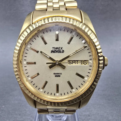 Timex President Watch Men 35mm Chamapgne Dial Gold Tone Daydate READ!!! New Batt0