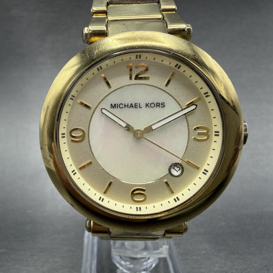 Michael Kors Watch Women 39mm MOP Dial Gold Tone Date Round MK-5071 New Batt0