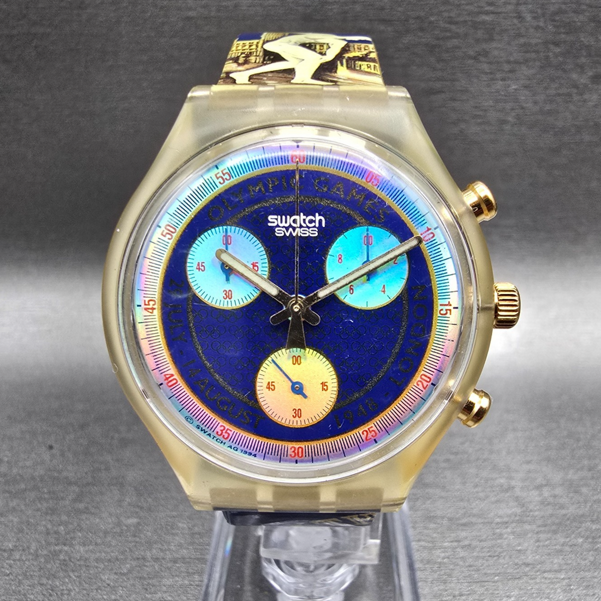 Swatch London 1948 Chrono Watch Men 42mm Blue Dial Clear SCZ102 New Battery VTG2