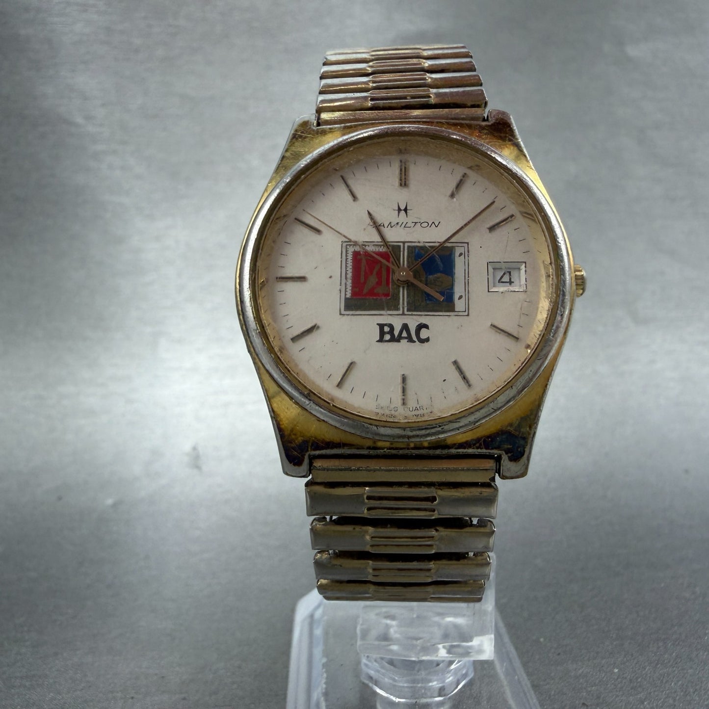 Hamilton Watch Men 34mm Silver Dial Gold Tone Date Round NO CASEBACK PARTS6