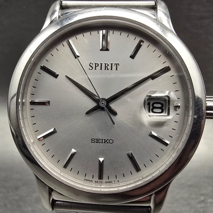 Seiko Spirit Watch Men 33mm Silver Dial Silver Tone Date Round 5E32-6A40 New Bat1