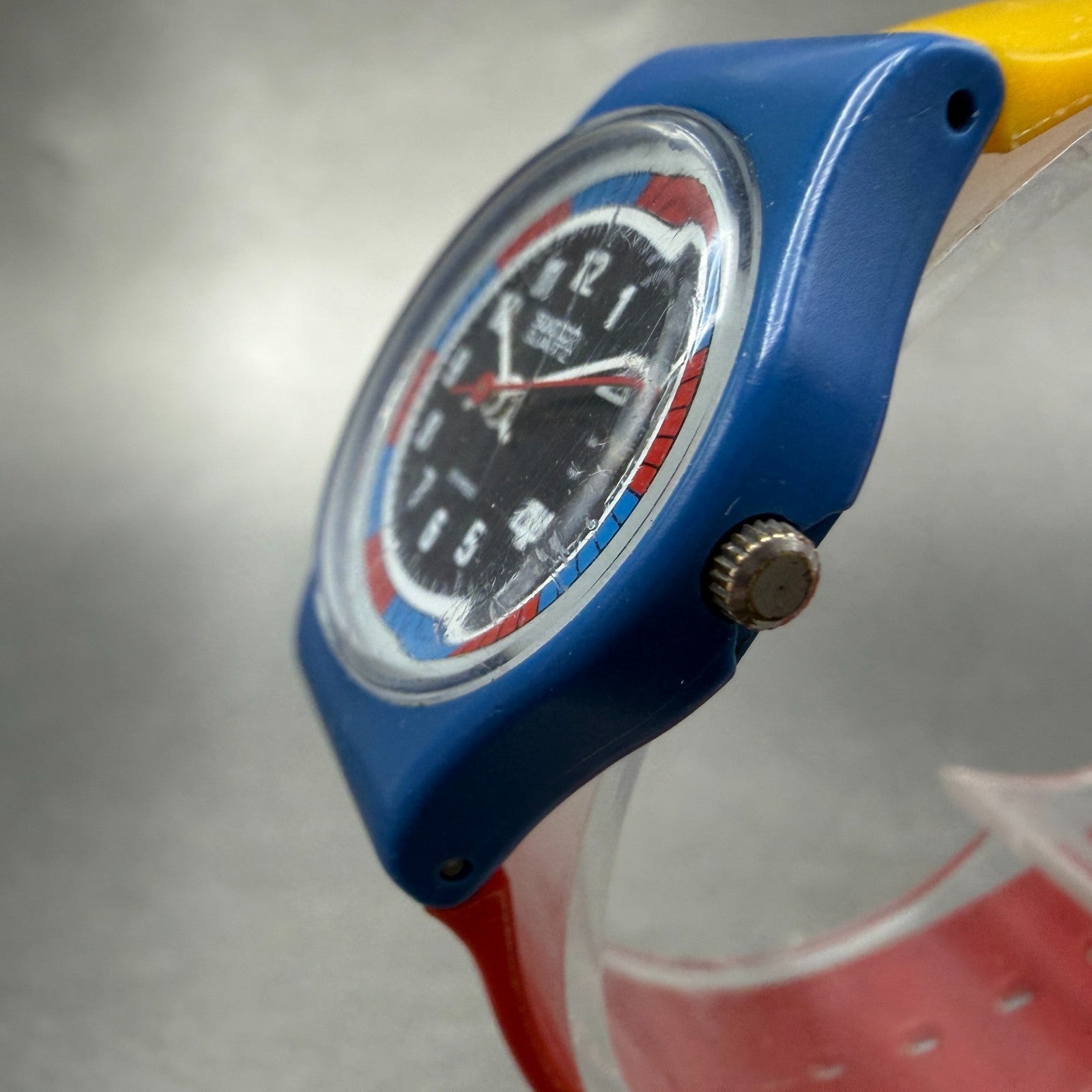 Swatch Tri-Color Racer Watch Women 25mm Black Dial Blue Yellow Red LS102 New bat2