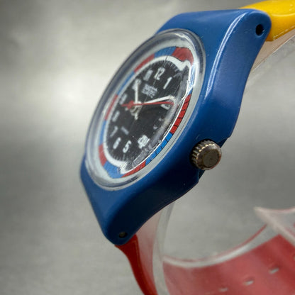 Swatch Tri-Color Racer Watch Women 25mm Black Dial Blue Yellow Red LS102 New bat2