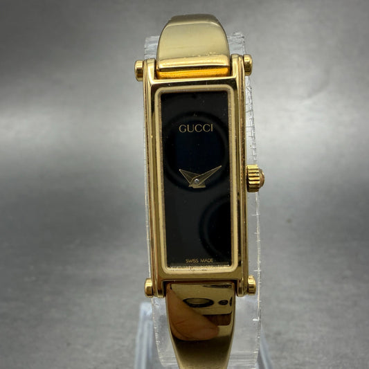 Gucci 1500L Tank Watch Women 12mm Black Dial Gold Rectangle Bangle New battery A0