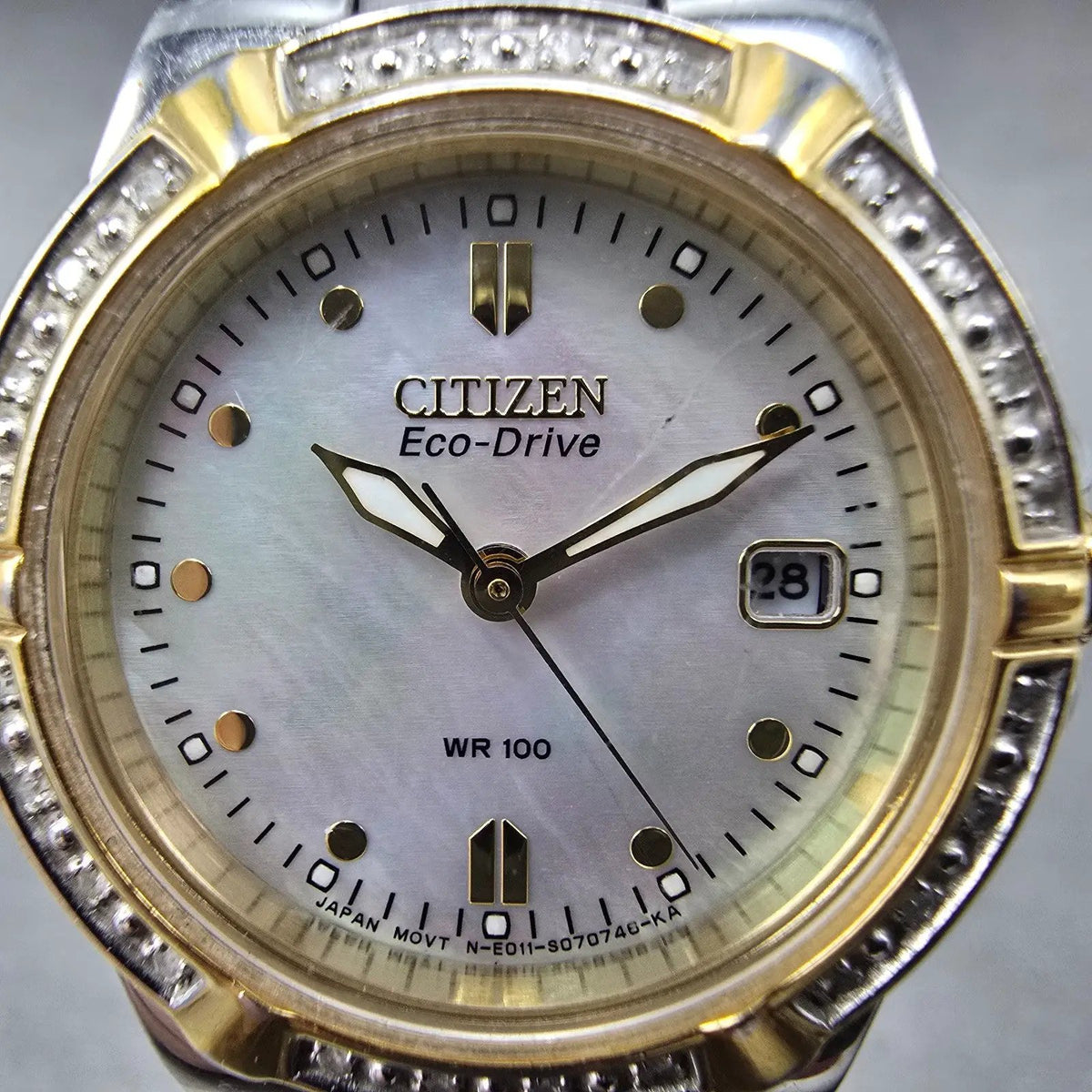 Citizen Eco-Drive Rivia Watch Women 27mm MOP Dial Two Tone Diamonds EW0894-57D1