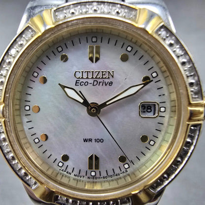 Citizen Eco-Drive Rivia Watch Women 27mm MOP Dial Two Tone Diamonds EW0894-57D1