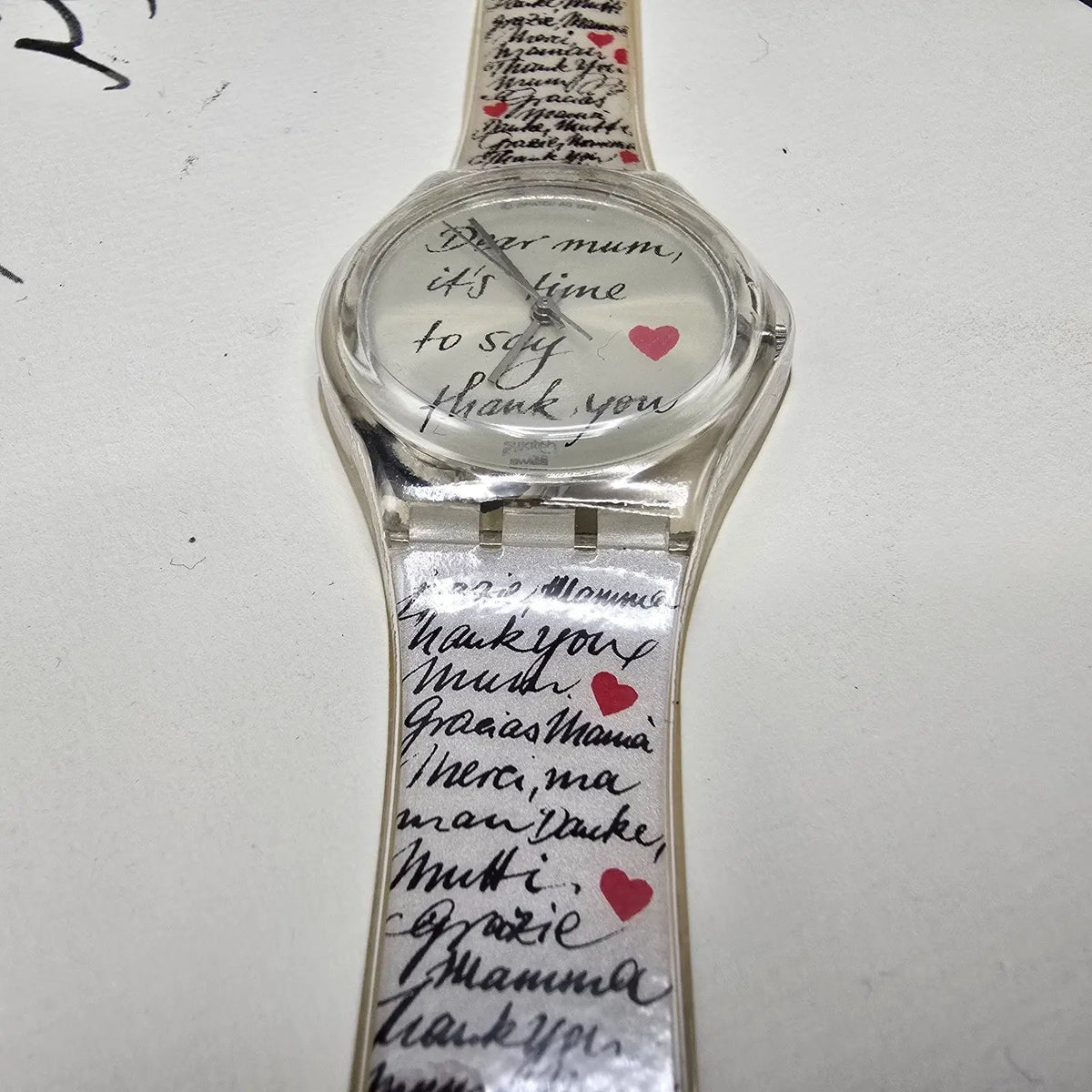 Swatch Dear Mum Watch Unisex 34mm White Dial Clear Case GK294 NOS3