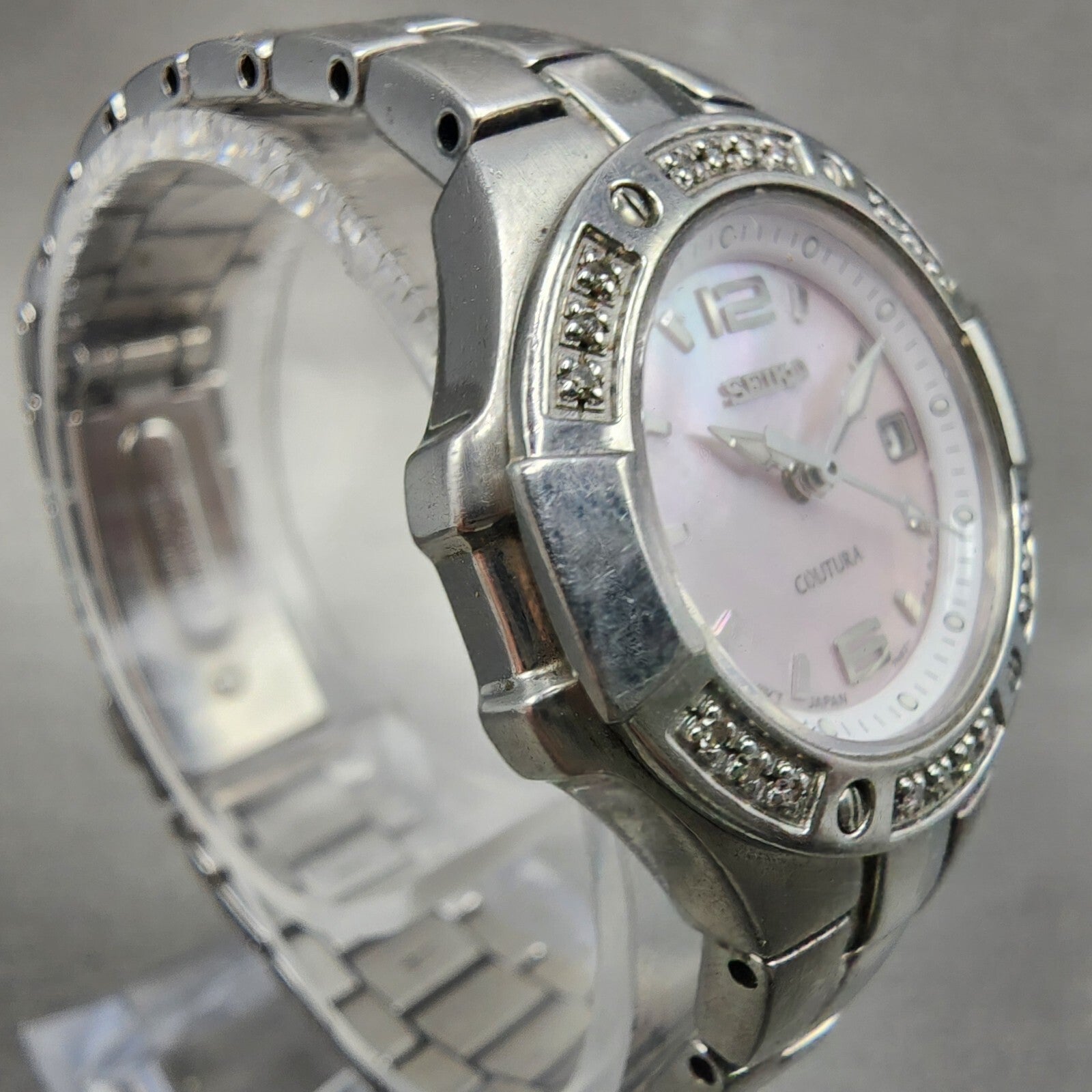 Seiko Watch Women 27mm MOP Dial Steel Date Round Diamonds 7n820CG0 New Battery3