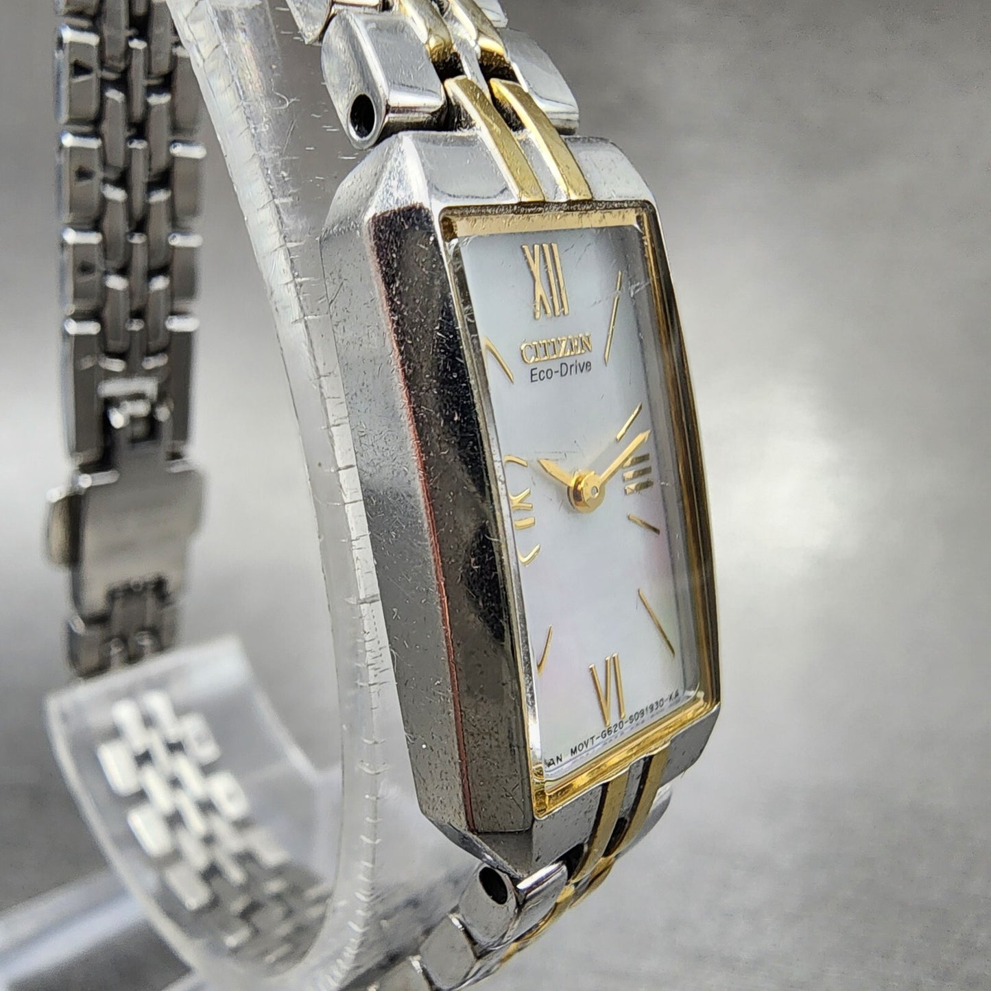 Citizen EcoDrive Tank Watch Women 15mm MOP Dial Two Tone Rectangle Runs3