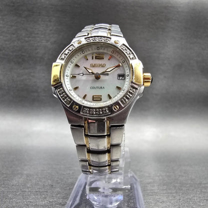 Seiko Coutura Watch Women 26mm MOP Dial Two Tone Date Diamond 7N82-0CG0 NewBat L5