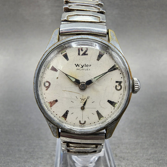 Wyler Inca flex Watch Men 32mm White Dial Silver Tone Small Seconds Manual READ!