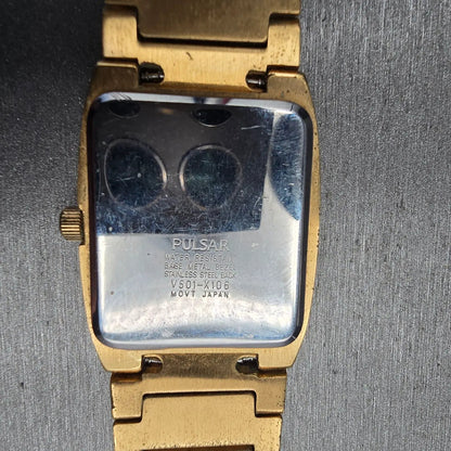 Seiko Pulsar Watch Men 28mm Gold Dial Gold Tone Rectangle V501-X106 New Battery10