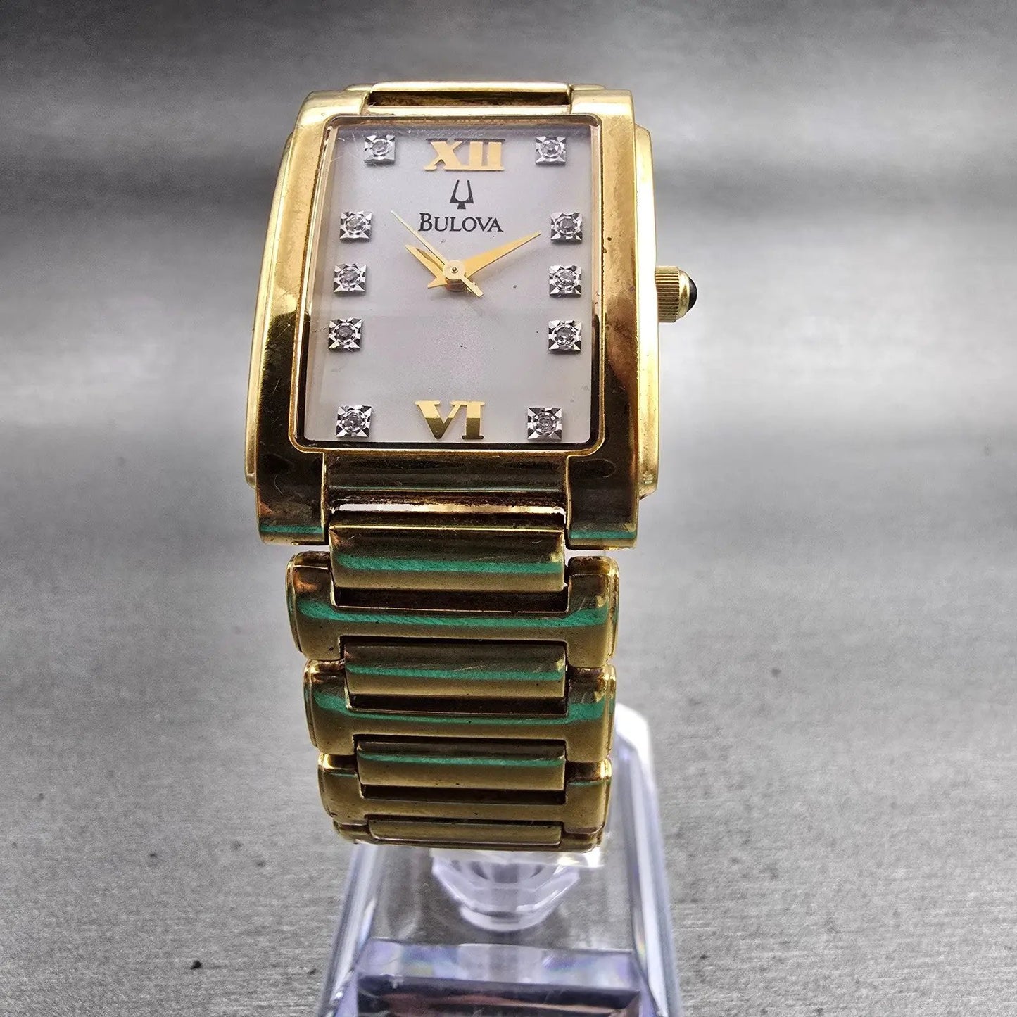 Bulova Watch Men 25mm White Dial Gold Tone Gemmed Rectangle 97F42 New Battery5