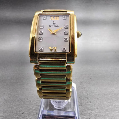 Bulova Watch Men 25mm White Dial Gold Tone Gemmed Rectangle 97F42 New Battery5