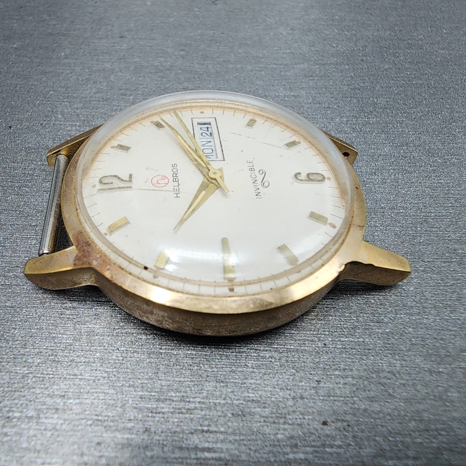 Helbros Watch Men 34mm White Dial Gold Tone Daydate Round Manual Wind Runs READ!3