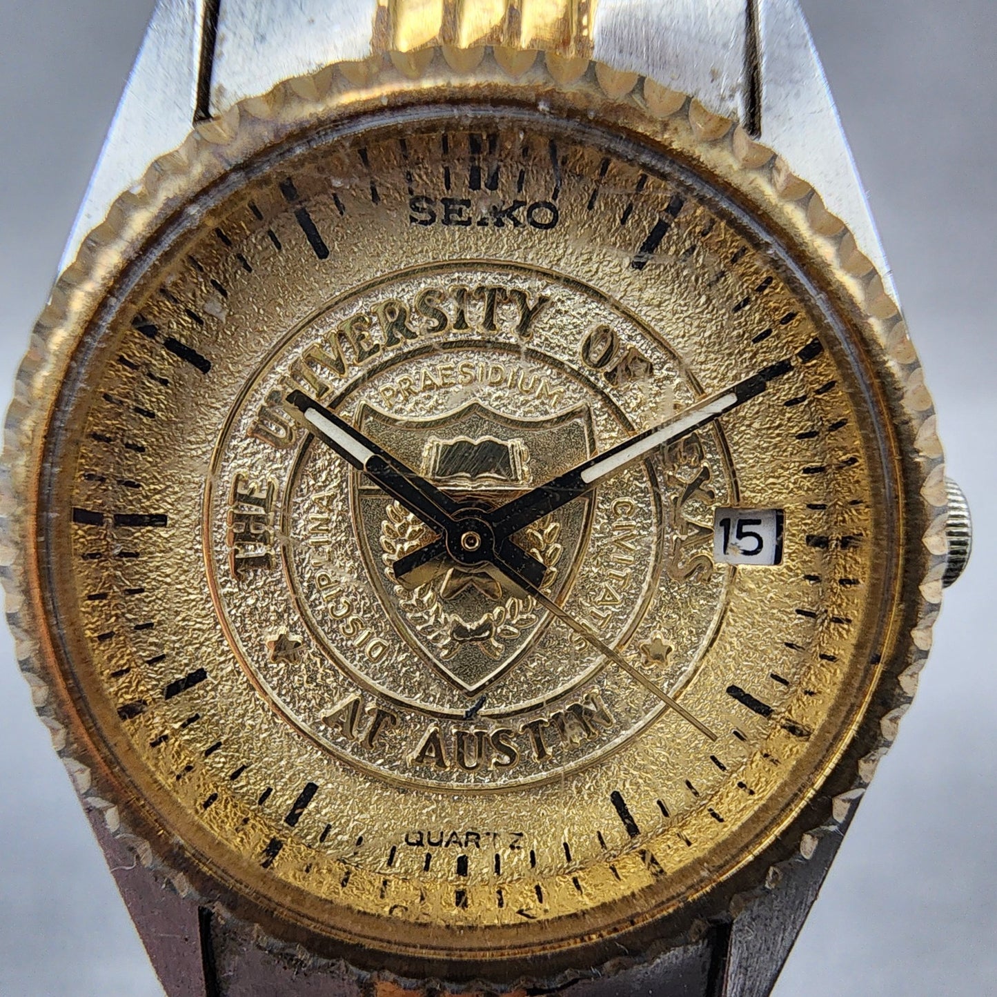 Seiko Watch Women 24mm Gold Dial Two Tone Daydate 7N830049 UT Austin New Batt1