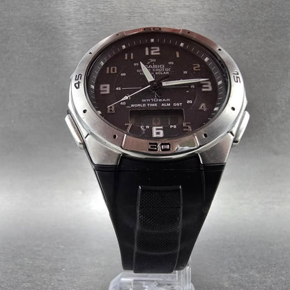 Casio WVA-470 Watch Men 42mm Black Silver Wave Ceptor Alarm Chronograph Round 675