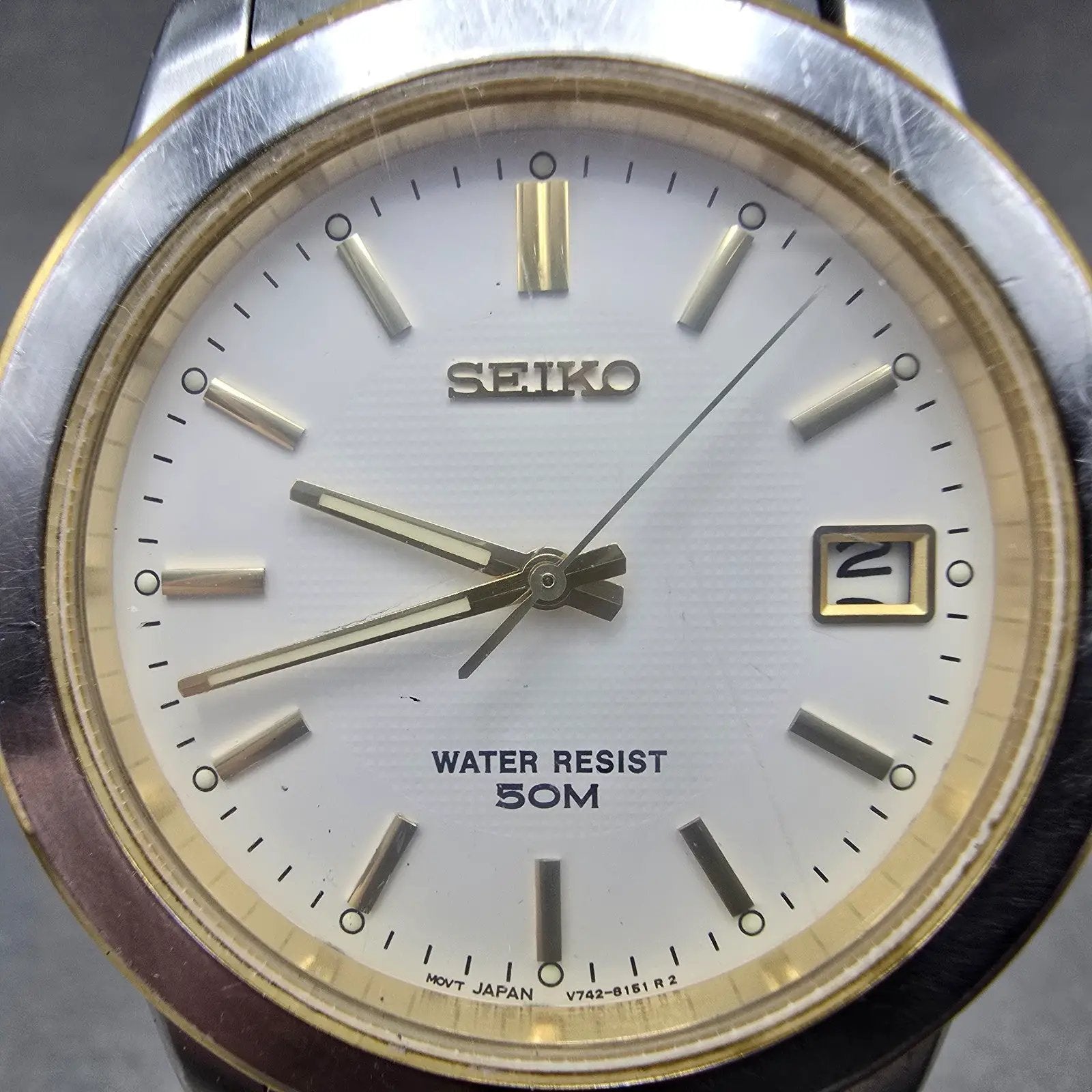 Seiko Watch Men 38mm White Dial Two Toe Daydate Round Vinatge V742-8119 PARTS NJ2