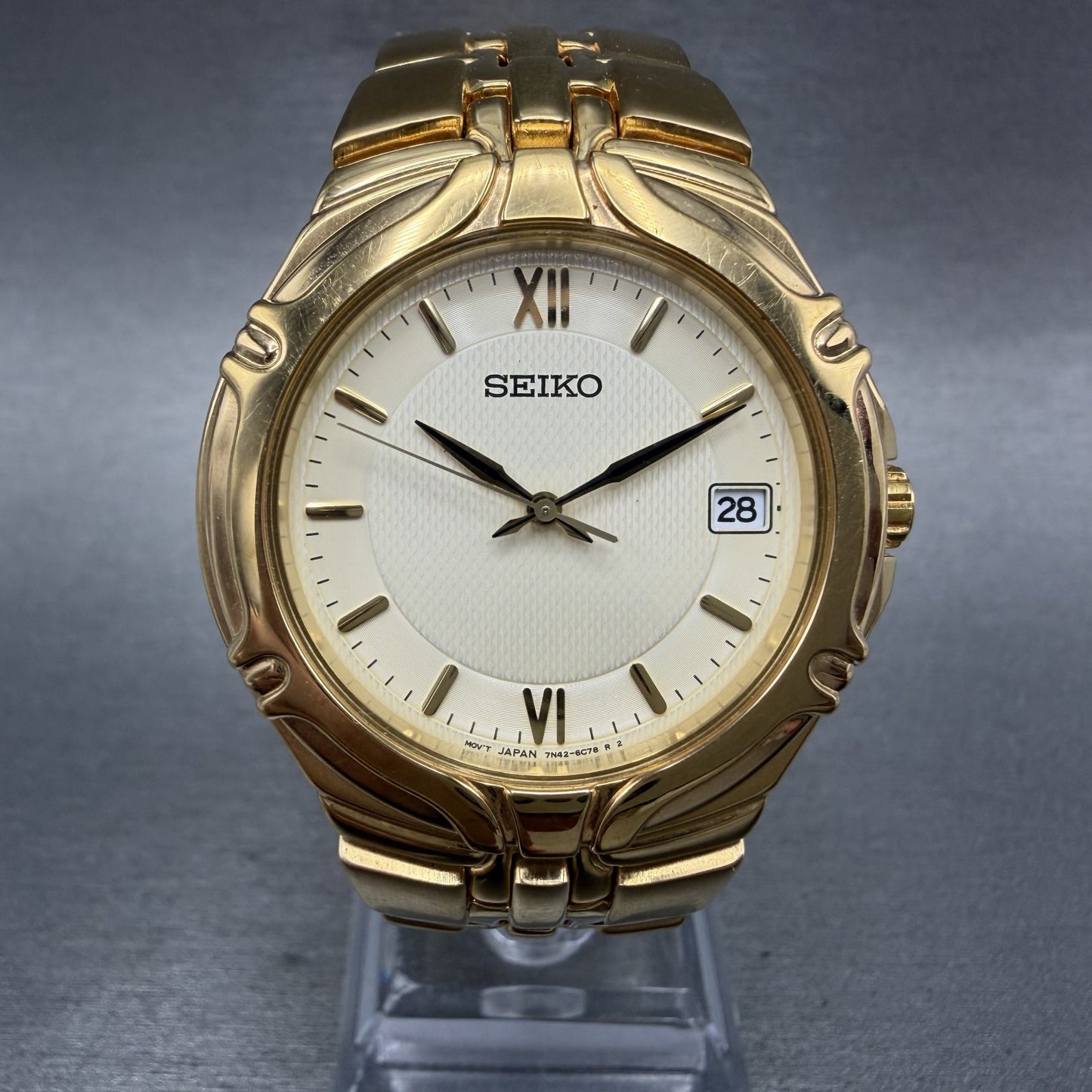 Seiko Watch Men 37mm White Dial Gold Tone Date Round 7N420BD0 New Battery0