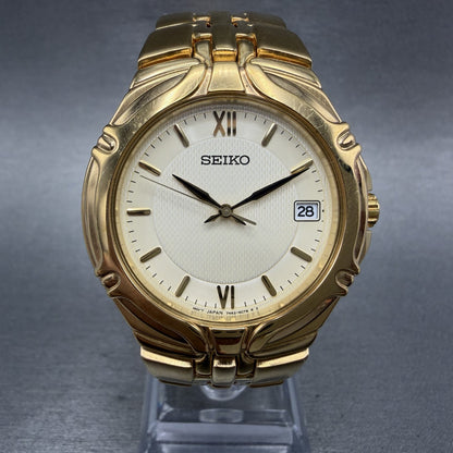 Seiko Watch Men 37mm White Dial Gold Tone Date Round 7N420BD0 New Battery0