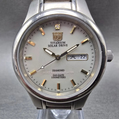 Elgin Solar Watch Men 36mm Gray Dial Titanium Daydate Round FK-1201 Works JDm0