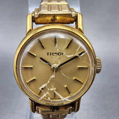 VTG Tissot Watch Women 20mm Gold Dial Gold Plated Round Manual Wind Runs