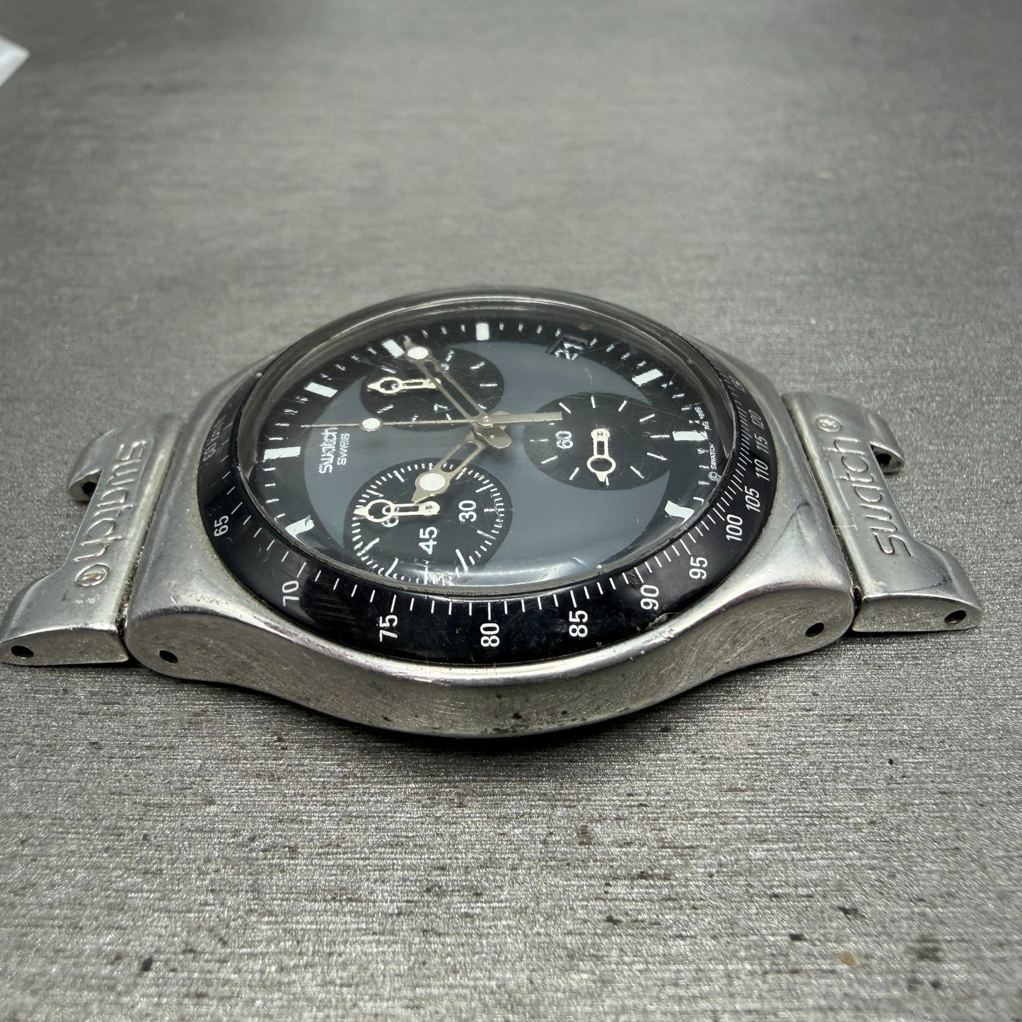 Swatch Irony Chrono Windfall Watch Men 40mm Black Dial Silver Tone New BatteryAB3