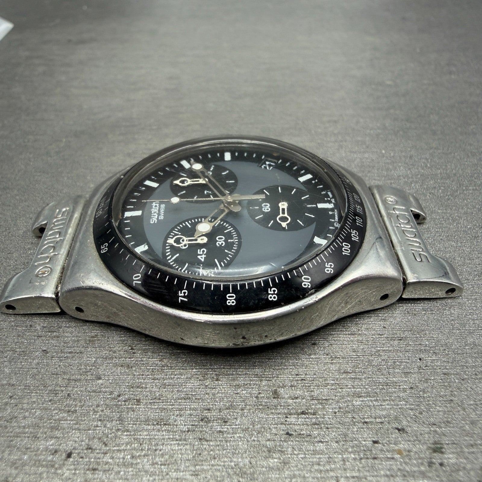 Swatch Irony Chrono Windfall Watch Men 40mm Black Dial Silver Tone New BatteryAB3