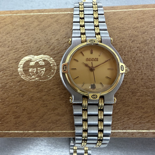 Gucci 9000L Watch Women 25mm Gold Dial Two Tone Date Round Bracelet New Battery0