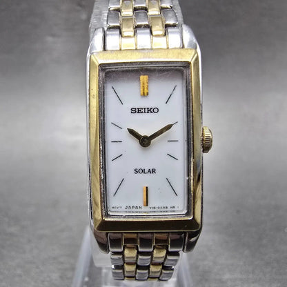 Seiko Solar Tank Watch Women 15mm White Dial Two Tone Rectangle V116-0AA0 WorksL0