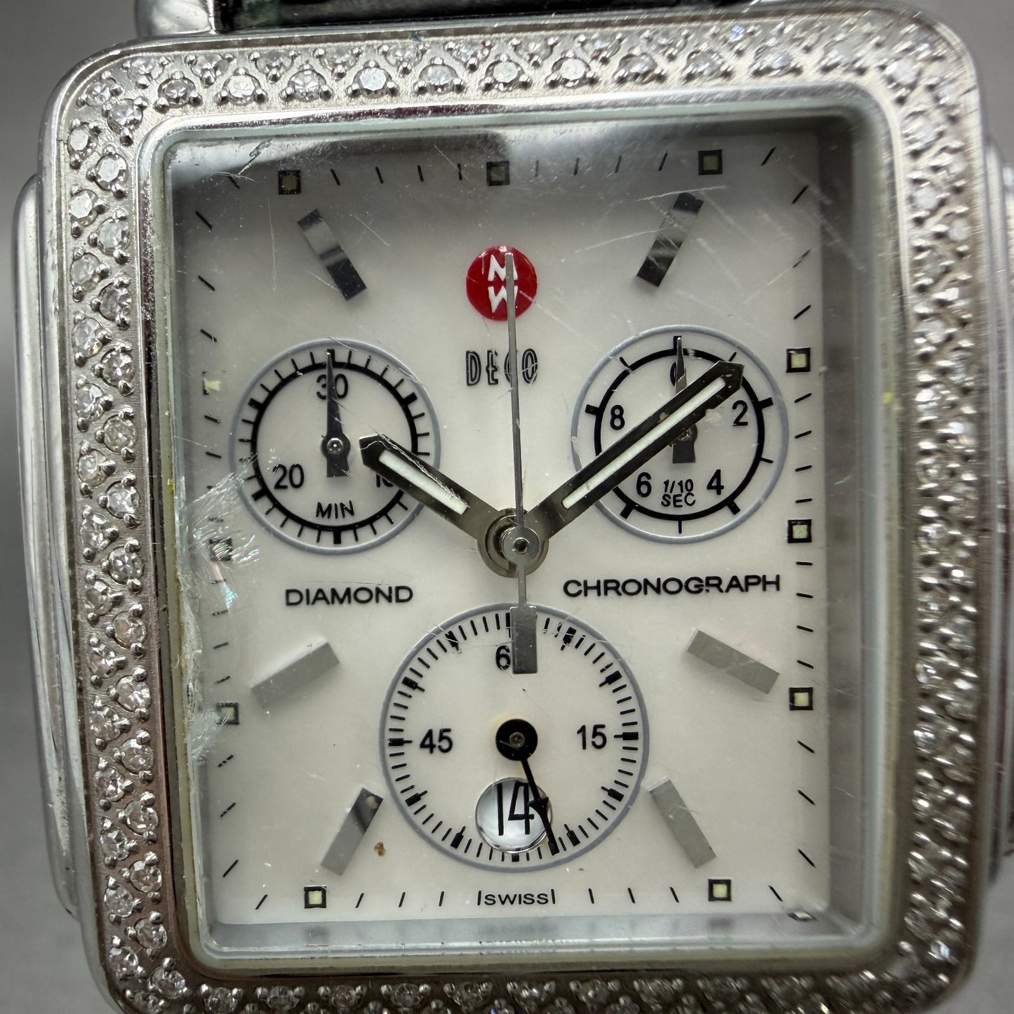 Michele Deco Chronograph Watch Women 33mm MOP Dial Steel Diamond New Battery1