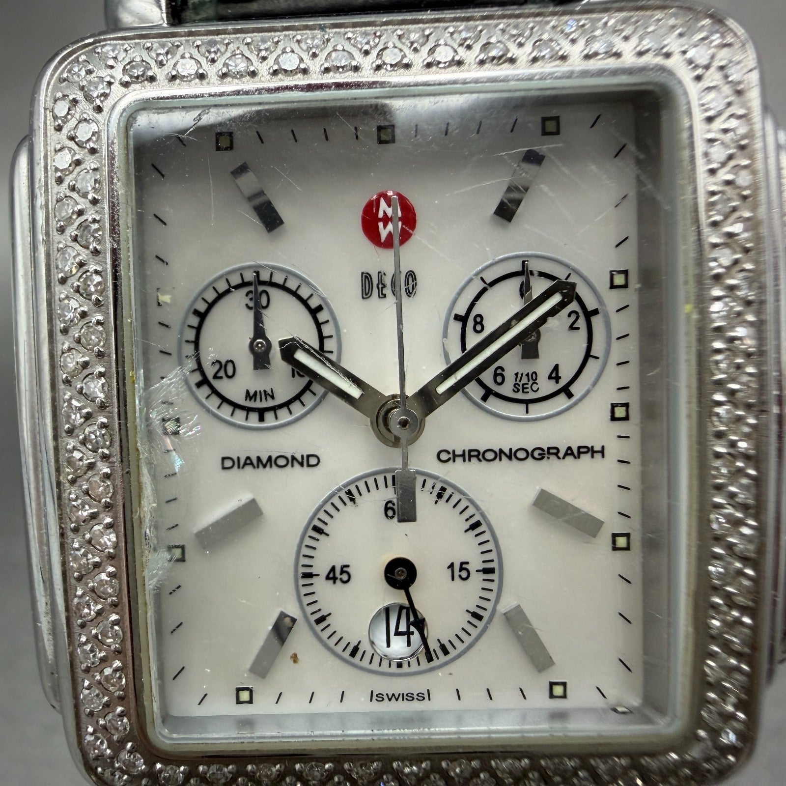 Michele Deco Chronograph Watch Women 33mm MOP Dial Steel Diamond New Battery1
